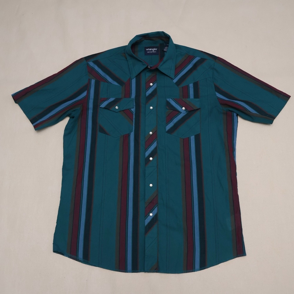 VTG Wrangler Western Shirt Mens L Teal Striped Pearl Snap Cowboy Short Sleeve